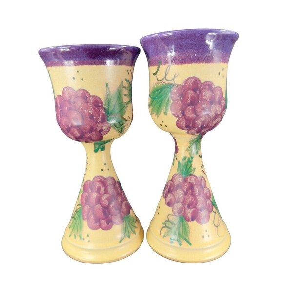 Studio Art Pottery Hand Made Goblets Drinking Wine Glasses Signed Purple Grapes - Picture 1 of 16